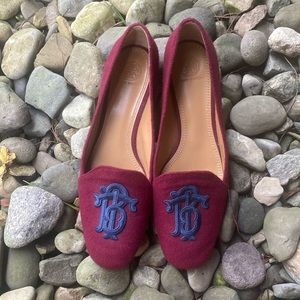 TORY BURCH Antonia Loafer Embroidered Monogram Imperial Garnet Perfect Navy 9.5